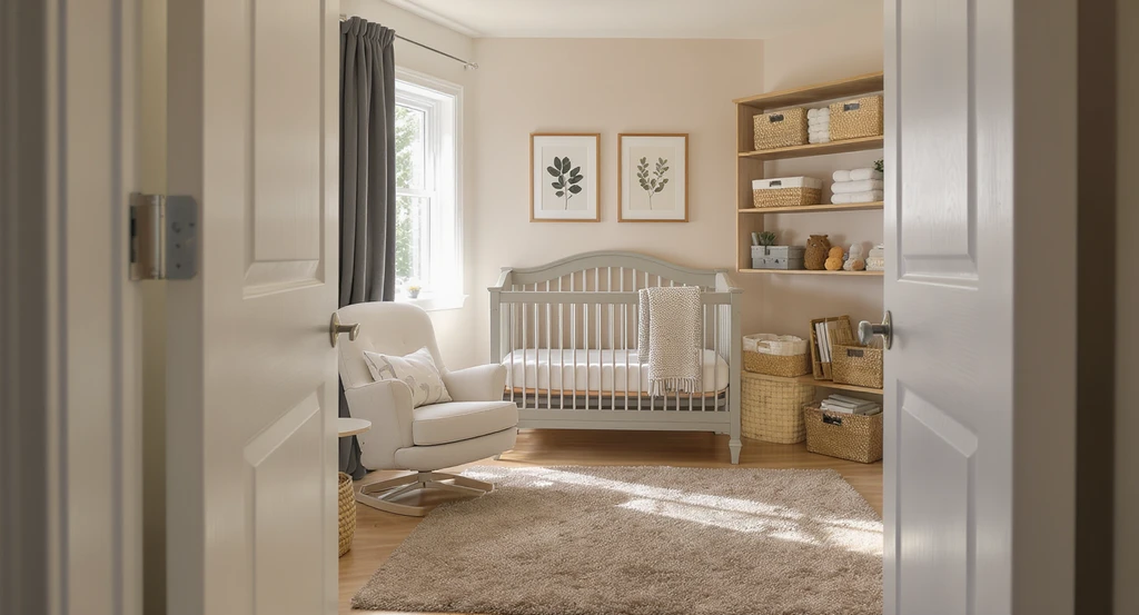 Photorealistic nursery showing checklist essentials: rug, blackout curtain, artwork, glider, and storage. Perfect example of how to create a cozy nursery space for new parents deciding what is missing.