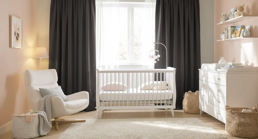Highly realistic nursery room with crib, nursing chair, changing table, storage baskets, and shelves, showing what is my nursery missing checklist and nursery room essentials for new parents, demonstrating how to create a cozy nursery space.