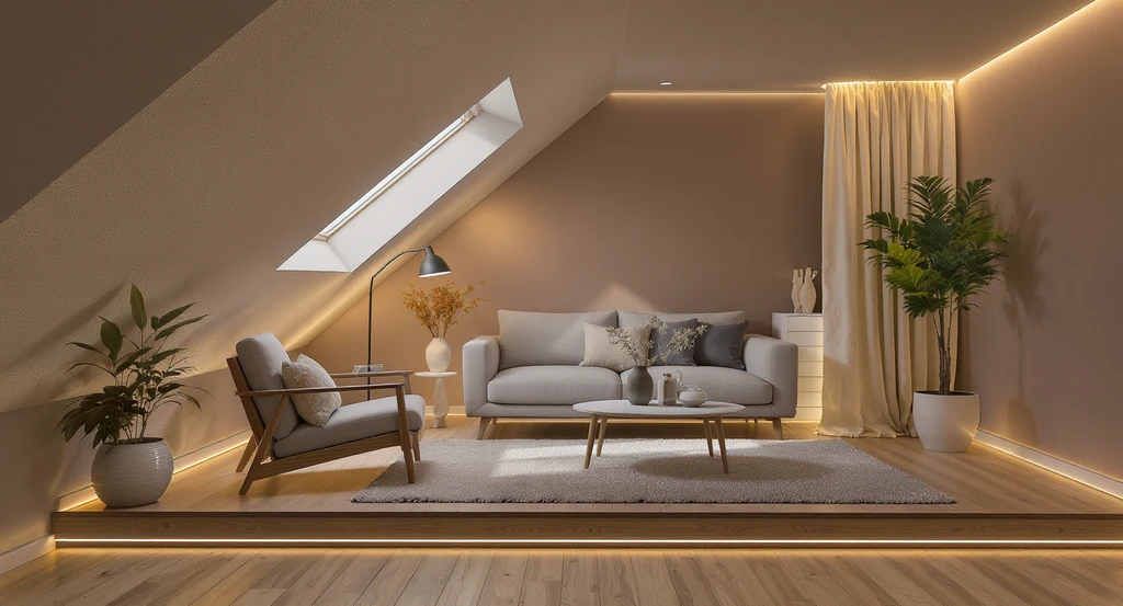 Modern lofted studio apartment stage with LED strip lighting, cozy area rug, slip-proof mat, and creative loft stage seating ideas for small spaces.