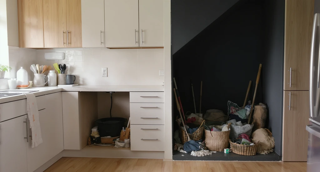 Realistic kitchen with an awkward, cluttered alcove and an empty corner, showing how to transform awkward kitchen spaces and fill unused nooks.