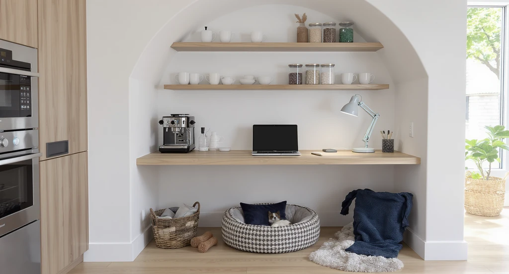 How to transform awkward kitchen spaces with creative ideas for unused alcoves, like a coffee station, mini home office, and cozy pet nook in an empty kitchen corner.