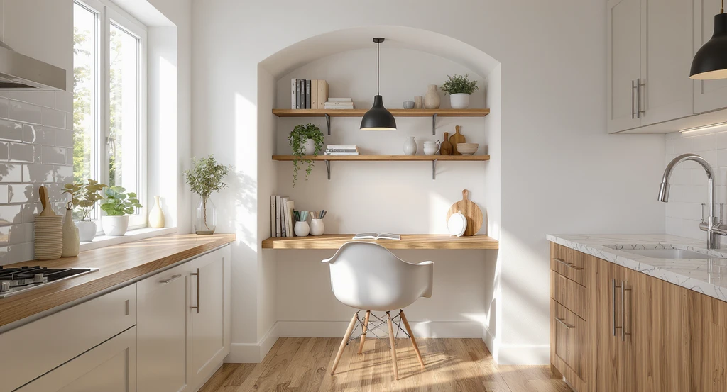 Photorealistic kitchen alcove transformed with a floating desk, wall-mounted shelves, and ergonomic chair—showing how to transform awkward kitchen spaces and creative ideas for unused alcoves or unique ways to fill empty corners in home offices.