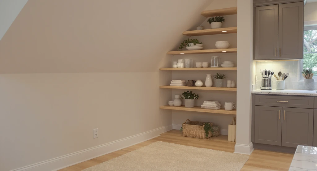 Photorealistic kitchen alcove with baseboards, electrical outlets, slanted ceiling, area rug, accent lighting, and substantial shelving, illustrating how to transform awkward kitchen spaces with creative ideas for unused alcoves and unique ways to fill empty corners.