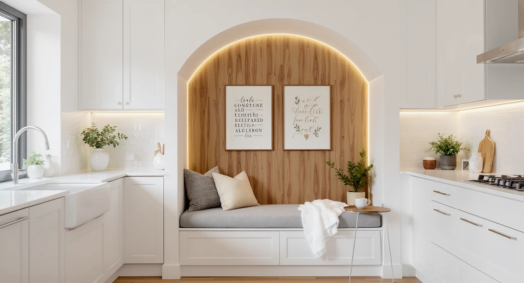 Creative ideas for unused kitchen alcoves shown: a plush bench in an awkward alcove, vibrant gallery wall, and cozy pet corner for unique ways to fill empty corners.