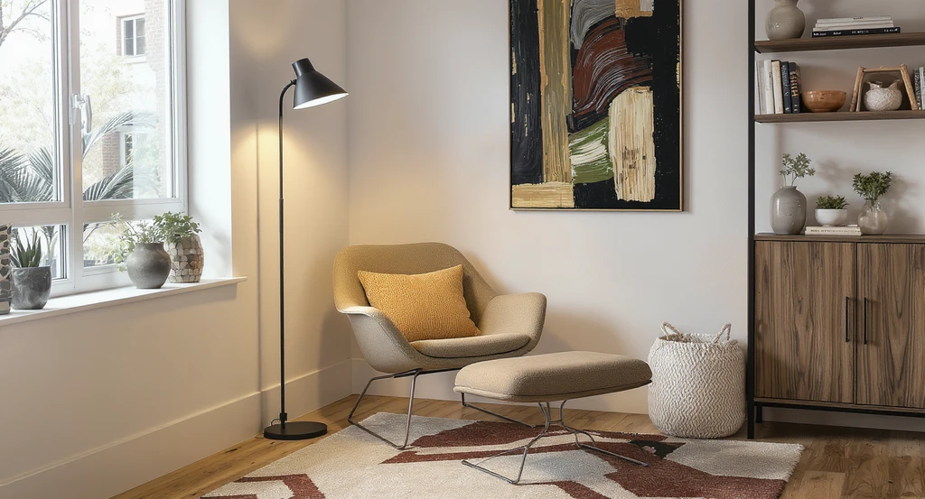 Photorealistic kitchen corner with a tall floor lamp, sculptural chair, art piece, small bookshelf, and patterned rug—showcasing unique ways to fill empty corners and creative ideas for unused alcoves when transforming awkward kitchen spaces.