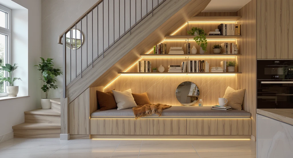 Under-stairs nook creatively transformed with custom built-ins, a mini-library, soft lighting, and plants—showing how to transform awkward kitchen spaces and provide creative ideas for unused alcoves and unique ways to fill empty corners.