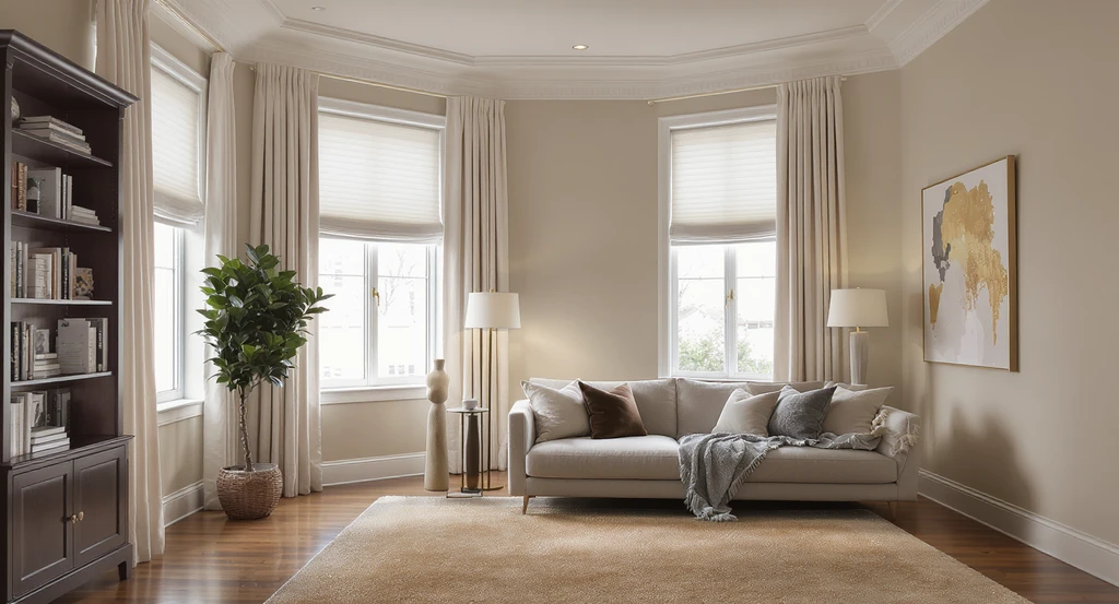 How to furnish an awkward octagonal room: lined drapery on tall windows, slim floor lamps, warm area rug, airy plants, and soft velvet textures.