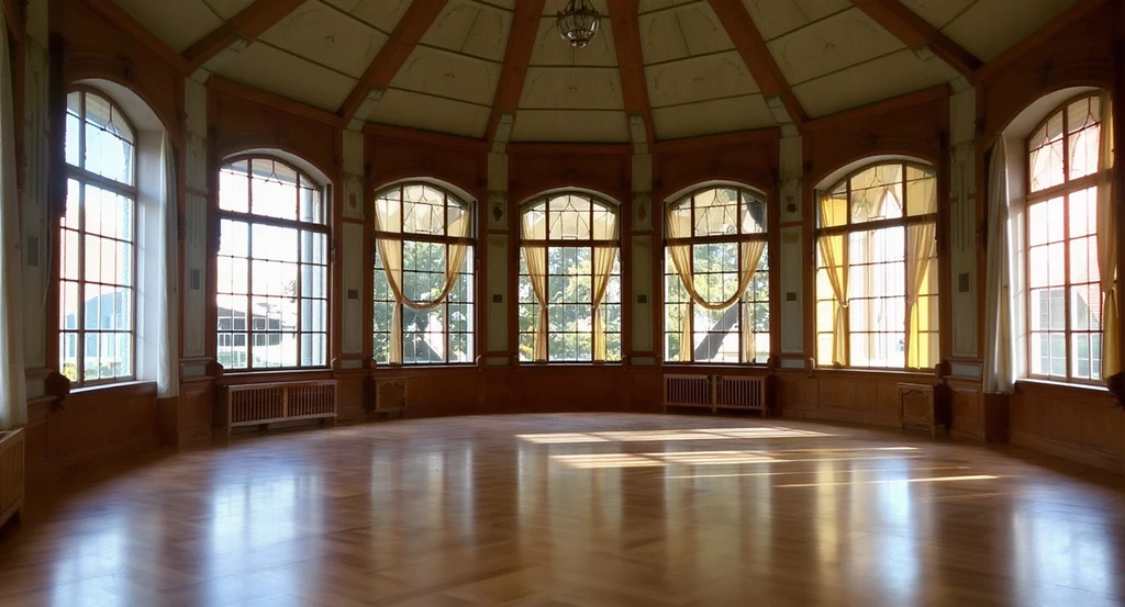 Photorealistic octagonal room with high ceilings, tall windows, and minimal furnishings, illustrating how to furnish an awkward octagonal room and provide creative ideas for unused living spaces. Natural daylight emphasizes the architecture and panoramic potential, supporting tips on transforming empty church or sunroom spaces with the best furniture layout and lighting for rooms with tall windows.