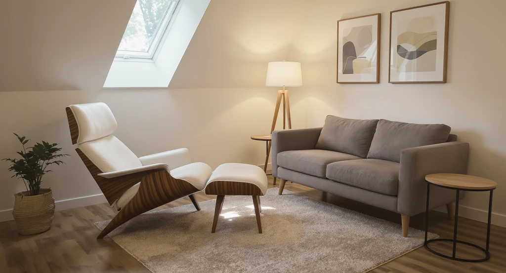 Photorealistic view of how to choose furniture for small therapy rooms, with the best chair for therapist back support and a loveseat fitting into a triangle-shaped room. Shows practical advice on rug and lamp sizing for therapy spaces, where thoughtful furniture placement affects therapy room feel.