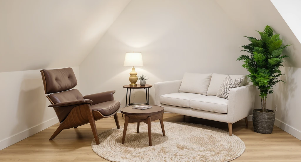 Small triangular therapy room staged with a sculptural leather therapy chair, neutral loveseat, original lamp and rug, wood side table, faux plant, and framed botanical prints. Demonstrates how to choose furniture for small therapy rooms, best chair for therapist back support, and advice on rug and lamp sizing for therapy spaces.
