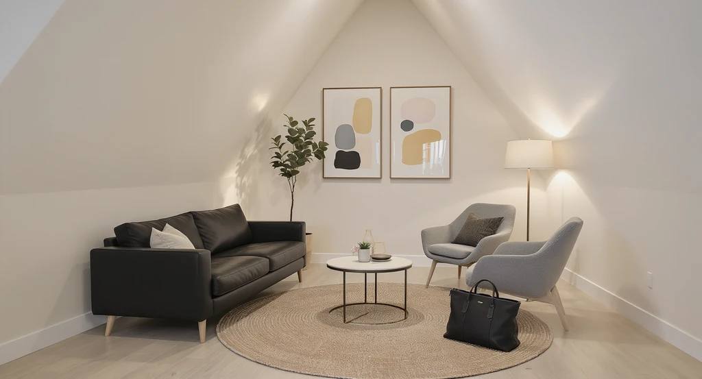 Triangular therapy room with compact loveseat against longest wall, sculptural chair, round rug, art, plant, and lamp arranged for best furniture placement in small therapy rooms.