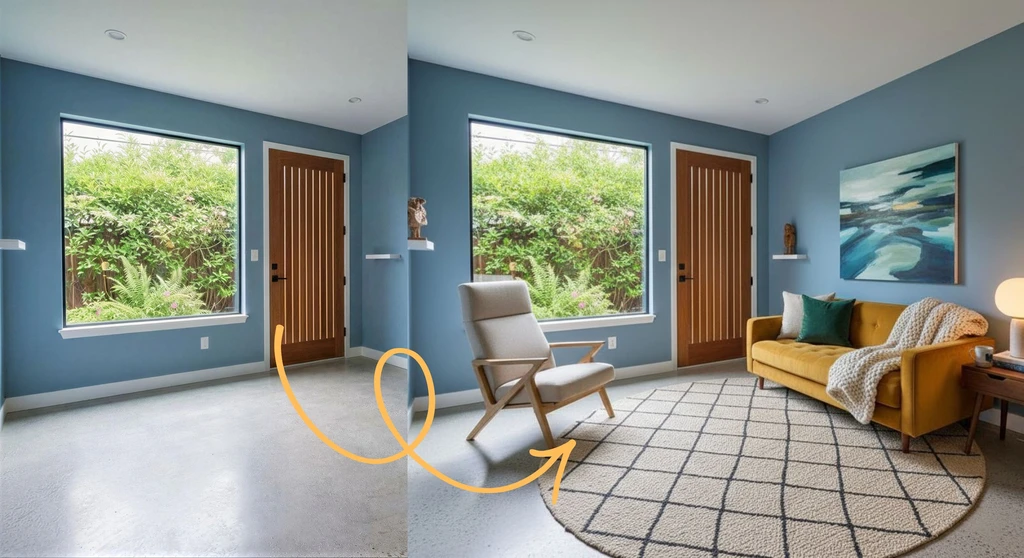 Before-and-after virtual staging of a blue-walled living room, transformed from empty to furnished with a mustard sofa, chair, rug, and wall art.