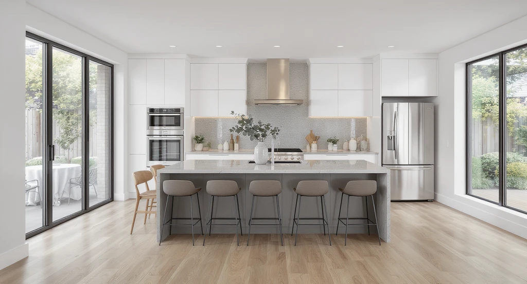 Open-plan kitchen and dining space showcases a full remodel using ai kitchen remodel visualization tools, featuring an ai-generated color scheme, modern finishes, wall removal, and seamless staging.