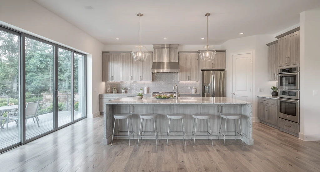 Ultra-realistic open kitchen and dining area visualized with ai kitchen remodel tool showing wall removal, integrated zones, seamless hardwood floors, coordinated color scheme, and ample light, illustrating removing walls with ai home renovation software.