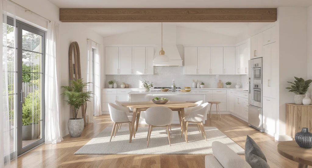 Photo-realistic kitchen remodel visualization showing a structural beam where a wall was removed, illustrating open flow, zoning, and ai kitchen design clarity.