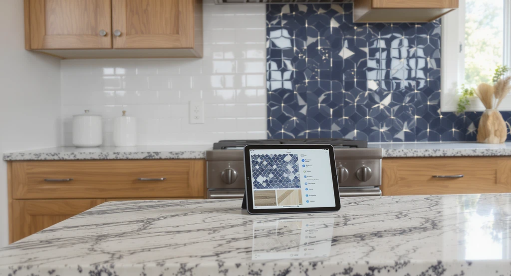 Realistic modern kitchen with busy granite countertops, showing a virtual backsplash comparison using the best AI kitchen backsplash visualizer tool.
