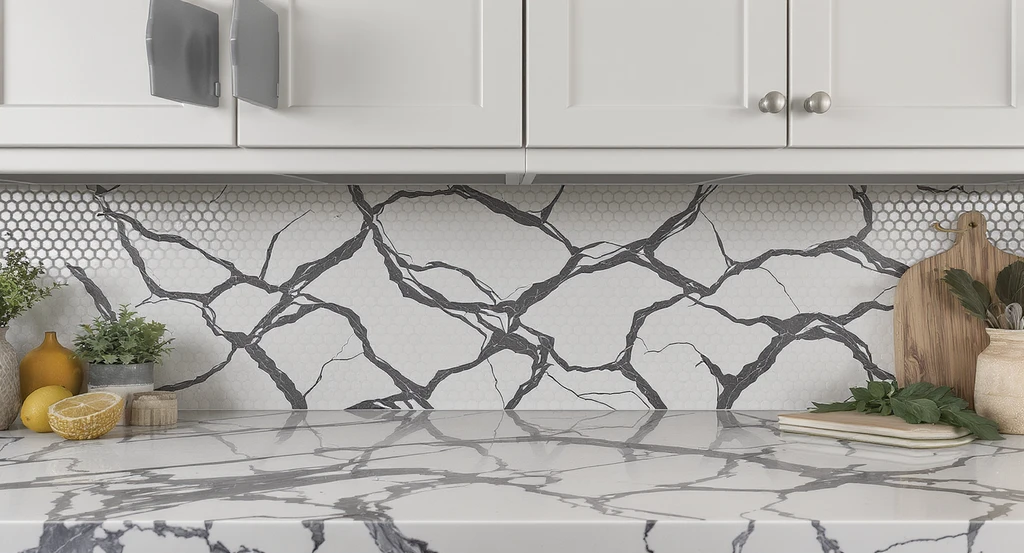 Best AI kitchen backsplash visualizer tool shows a real kitchen with busy countertops and a side-by-side comparison: small mosaic tile backsplash versus large-format stacked tile, helping users preview backsplashes with AI home design for busy countertops.