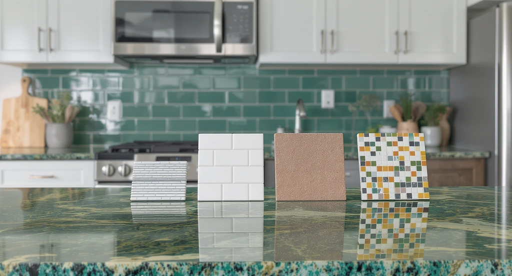 Modern kitchen with busy green granite countertops and multiple backsplash tile samples set out for comparison, showing AI kitchen backsplash visualizer tool for how to preview backsplash with ai and AI home design for busy countertops. Clear view of virtual backsplash comparison for kitchens, ideal for choosing kitchen backsplash with ai visualization.