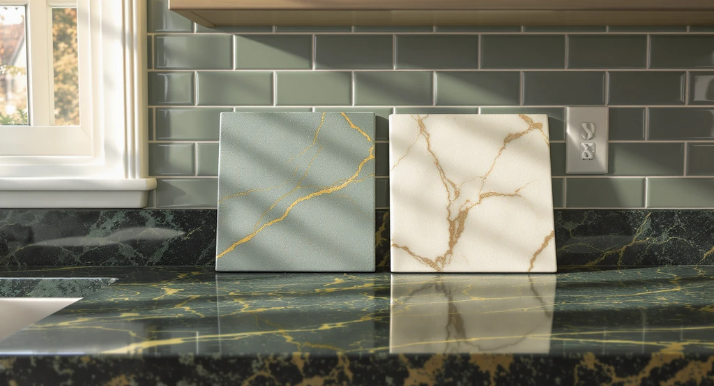 Modern kitchen counter with green stone surface and two backsplash samples—muted green and creamy white—showing how to use AI kitchen backsplash visualizer tools for choosing a harmonious backsplash undertone with busy countertops.