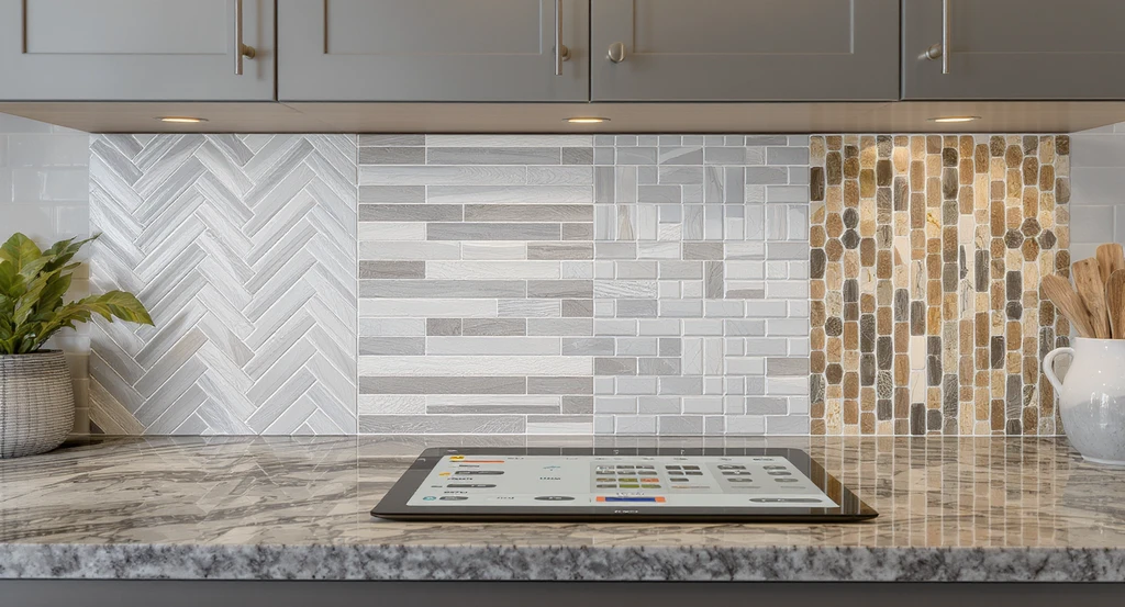 Photorealistic kitchen showcasing busy countertops and four different backsplash layouts, each with white and grey grout, beside a screen using an AI kitchen backsplash visualizer tool for previewing tile and grout combinations.