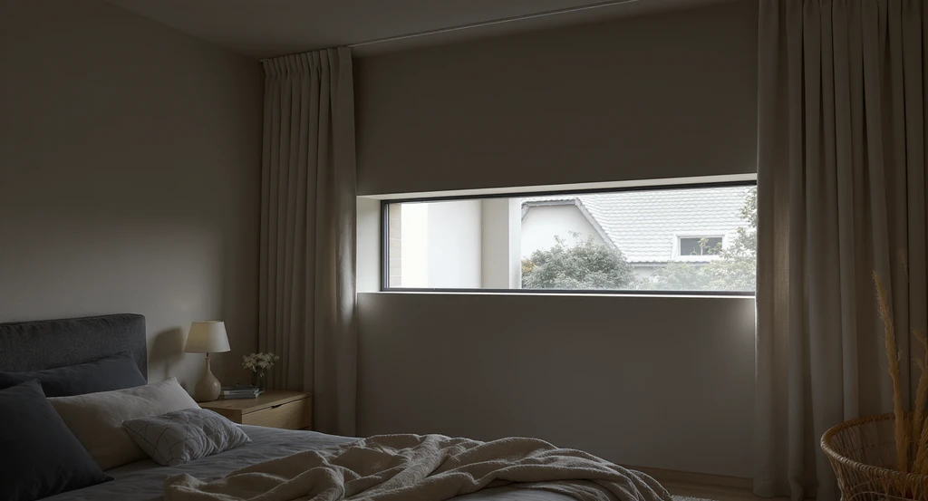 Editorial photorealistic bedroom with a large cutout overlooking another room, showing how to visualize covering interior cutouts and plan modifications in a pet- and baby-safe, aphantasia-friendly home space before installing solutions.