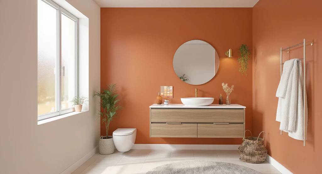 Rental-friendly bathroom makeover showing saturated reddish orange wall in direct light, light off-white paint in shadowed areas, crisp white ceiling, peel and stick tiles, and color swatch board, illustrating the best colors for small bathrooms 2025 and tips for combining wallpaper and paint.