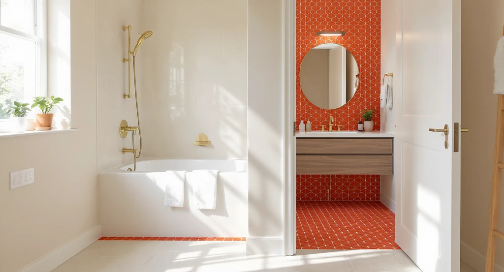 Modern bathroom with renter-friendly peel and stick tiles, cohesive color transitions, bright reddish orange accent strip, and seamless flow between patterned wallpaper and painted walls. Best colors for small bathrooms 2025; choosing peel and stick bathroom tiles; how to combine wallpaper and paint in bathroom.