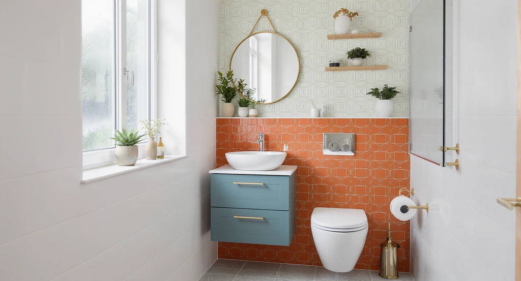 Small bathroom makeover showing best colors for small bathrooms 2025, with peel and stick bathroom tiles, bold reddish orange accents, and wallpaper pairing ideas for rental-friendly color coordination.