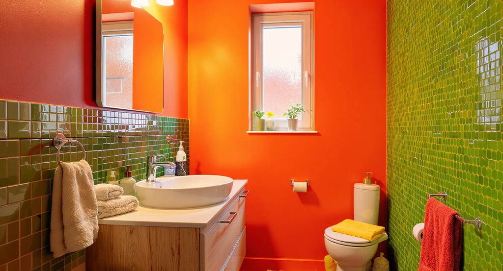 Modern bathroom featuring vivid reddish orange walls, green peel and stick tiles, coordinated patterned wallpaper, and natural light for best colors for small bathrooms 2025 and rental-friendly bathroom makeover tips.