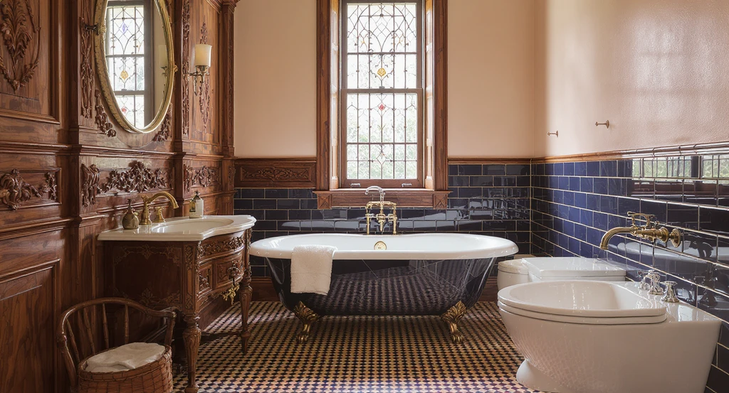 Victorian bathroom with ornate trim, period clawfoot tub, original mosaic tiles, and mismatched modern fixtures—showing the risks of updating a Victorian bathroom without regret and how to choose bathroom tile in a period home while balancing modern and classic bathroom design.