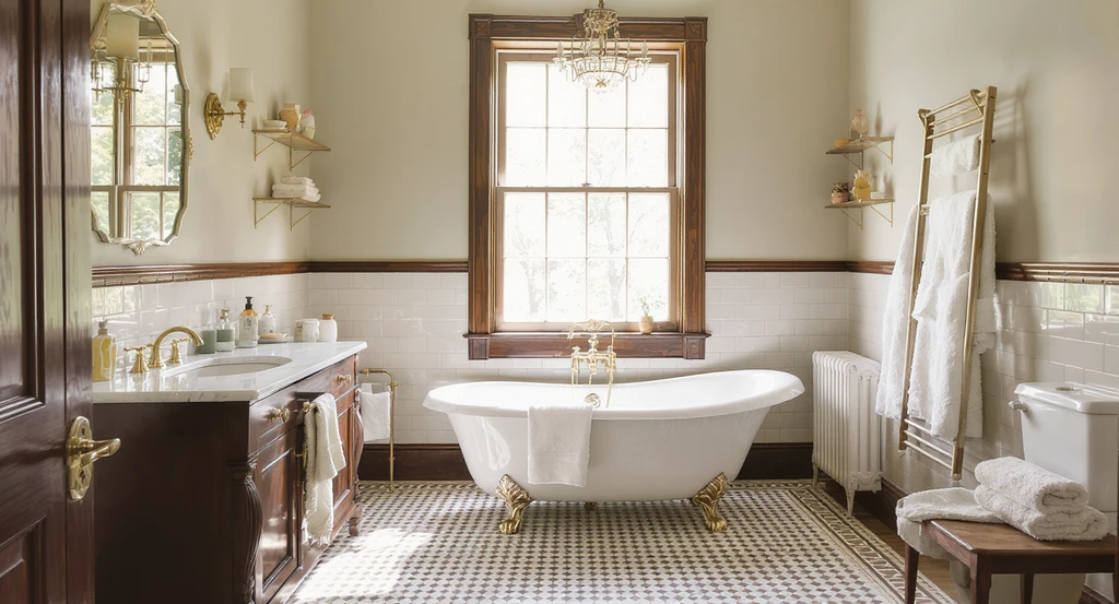 Victorian bathroom with restored clawfoot tub, marble vanity, encaustic tile floor, and subway-tiled walls, showing how to update a period home without regret and avoid mistakes in vintage bathroom remodels.