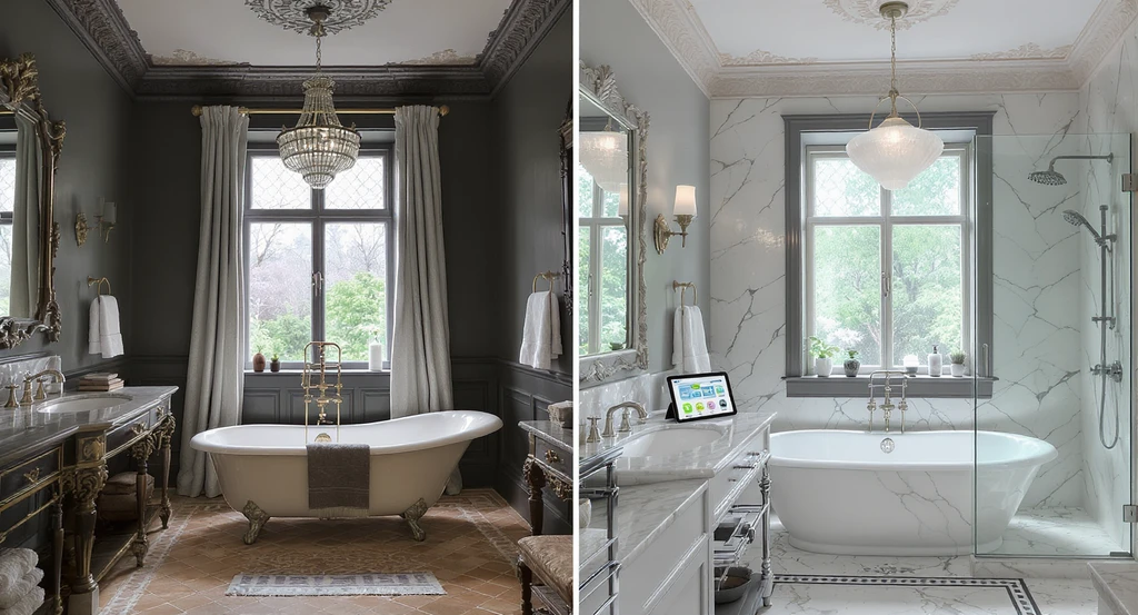 Victorian bathroom shown in split-screen: period-appropriate updates with classic tiles and fixtures on one side, clashing modern additions on the other, digital tablet previewing renovations. Keywords: updating a Victorian bathroom without regret, how to choose bathroom tile in a period home, balancing modern and classic bathroom design, mistakes to avoid in vintage bathroom remodels.