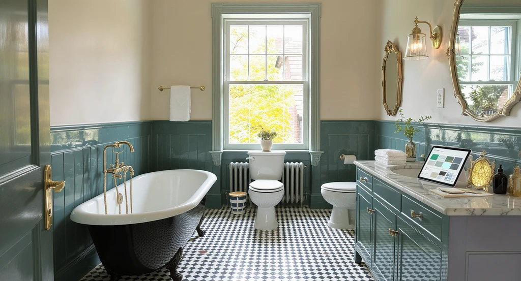 Ultra-realistic bathroom mid-update, mixing Victorian features—clawfoot tub, encaustic tile, marble vanity—with modern lighting and hardware, and a tablet previewing paint and tile for updating a Victorian bathroom without regret, balancing modern and classic bathroom design, and avoiding renovation mistakes in vintage bathroom remodels.
