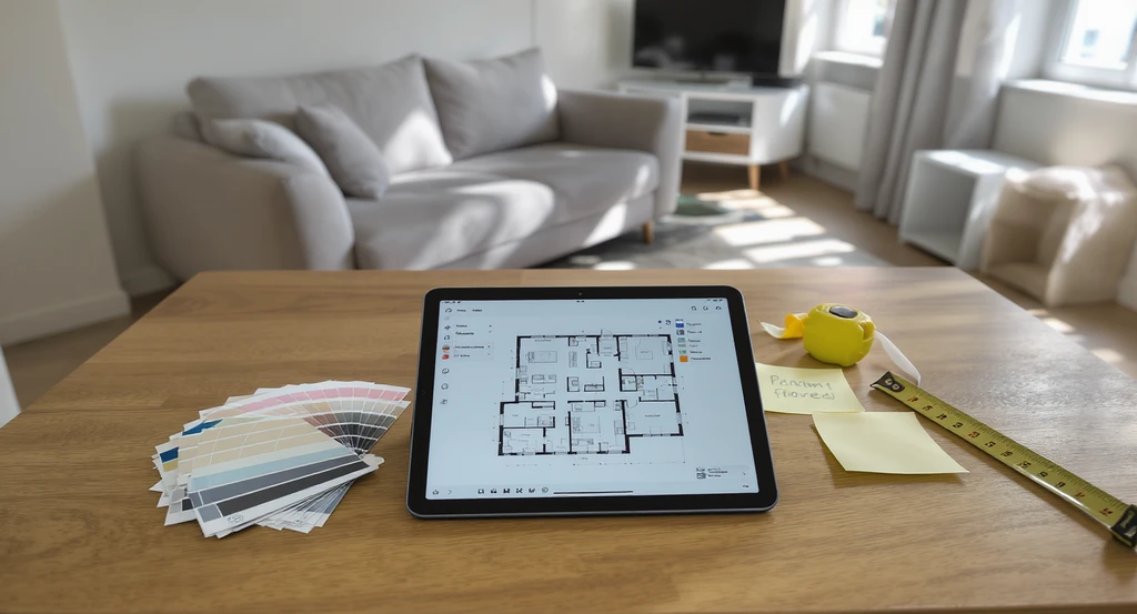 Overhead view of a temporary apartment living room arranged after a fire, featuring a floor plan app on a tablet, color swatches, and tape measure for previewing decor and avoiding regret with temporary living setup.