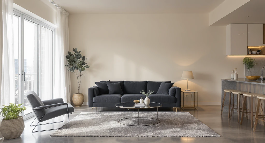 Small living room of a temporary apartment after a fire, featuring light, open-legged furniture, glass table, and layered lighting to avoid regret with temporary living decor and create a homelike atmosphere in a short-term rental.