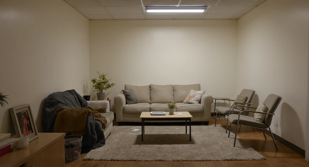 Setting up a temporary apartment after a fire: a small living room with mismatched furniture, awkward scale, and sparse personal decor, highlighting the challenge of creating a homelike atmosphere in a temporary residence.