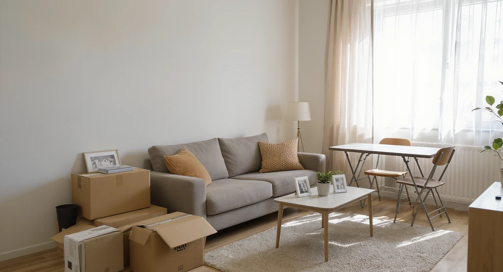 Setting up a temporary apartment after a fire, showing careful choices in temporary living decor, rental-friendly paint colors, and minimal furnishings brought to a short-term rental to create a homelike atmosphere and avoid regret.