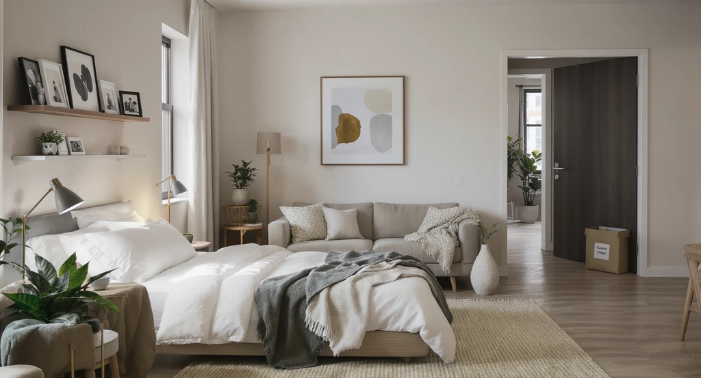 A realistic, well-lit temporary apartment living room set up after a fire, showing minimalist furnishings, comforting art, and curated decor to avoid regret and create a homelike atmosphere.