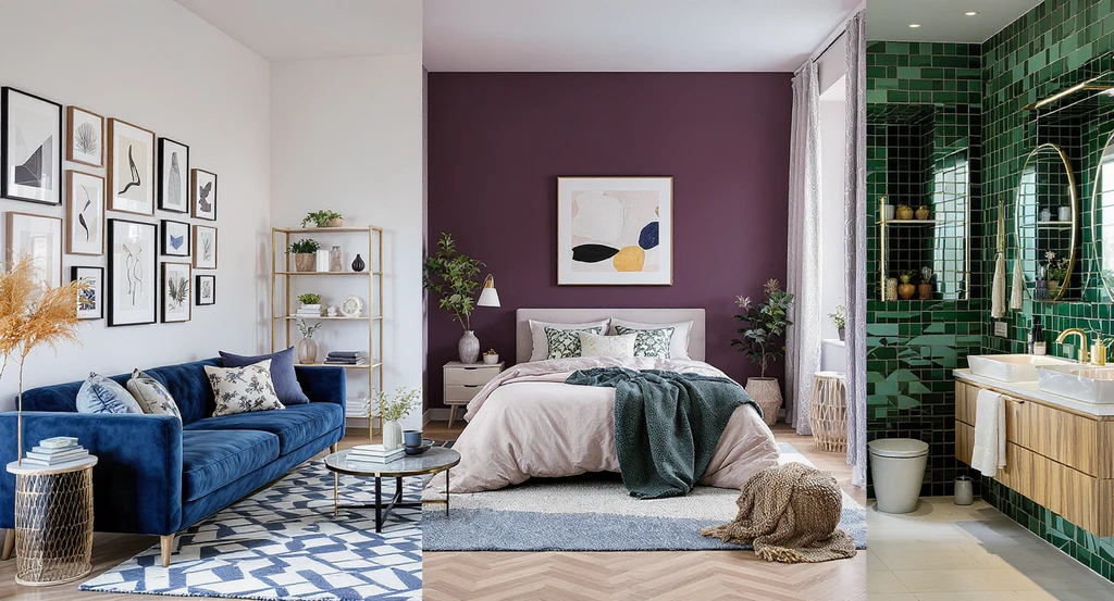 Maximalist living room with bold rug and sofa, patterned cushions, rental-friendly shelving, serene bold-colored bedroom, and mood-driven bathroom palette.