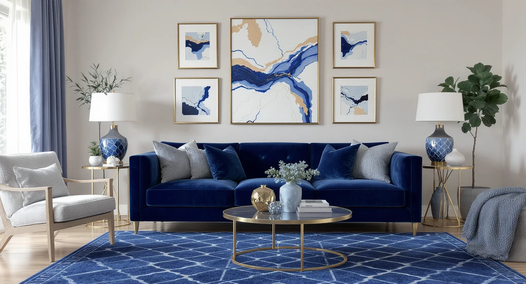 Maximalist living room with deep blue velvet sofa, layered cobalt accents, geometric rug, mixed material art, and balanced negative space for cohesion.