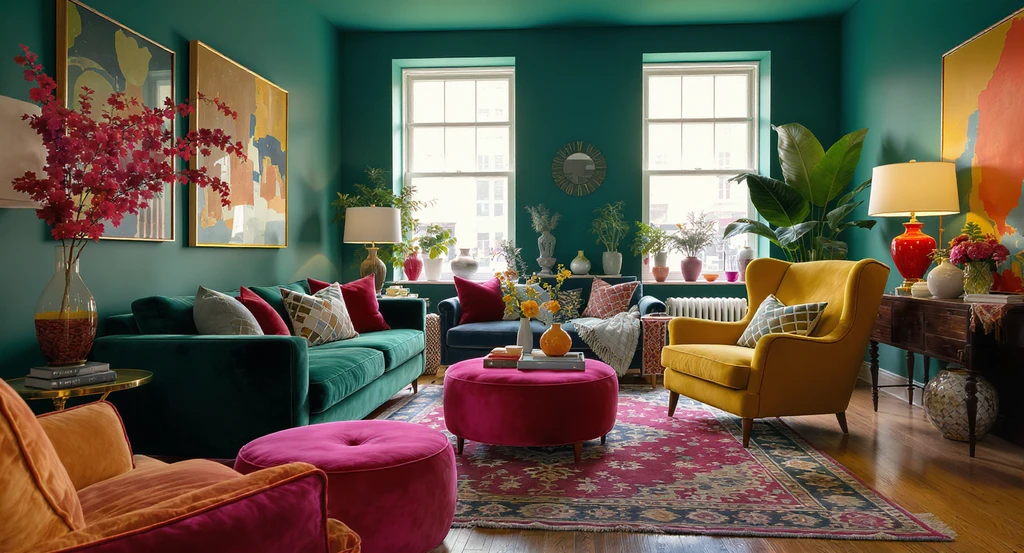 Maximalist living room with bold teal color-drenched walls and ceiling, emerald sofa, and mixed patterns, illustrating ideas for small apartments.