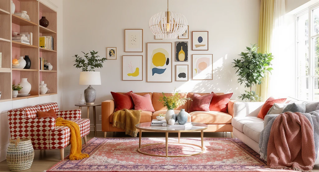 Maximalist living room with bold layered colors, patterned furniture, curated personal artifacts, and unified decor showcasing interior design ideas.