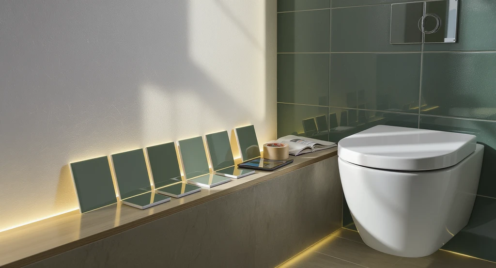 Modern small bathroom redesign scene with forest green tile samples displayed under different lighting, boxed-in toilet cistern, affordable compact vanity, and digital planning tools. Realistic exploration to answer: is dark green tile too much in a small bathroom and what are the best lighting ideas for moody bathrooms.
