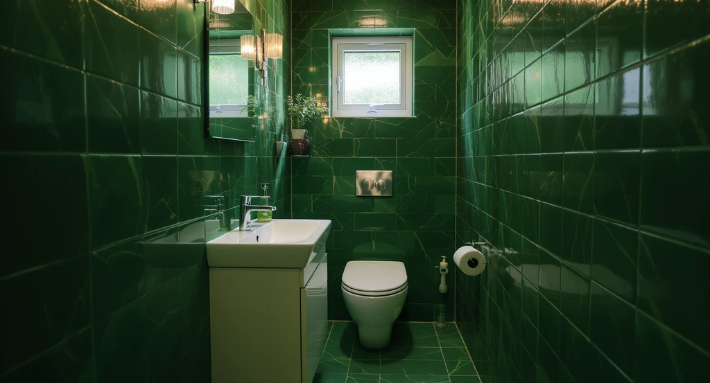 Small bathroom redesign with green tiles, showing glossy forest green tile walls, natural and artificial light, boxed-in toilet cistern, and affordable white vanity unit in a compact space. Highlights if is dark green tile too much in a small bathroom and best lighting ideas for moody bathrooms.