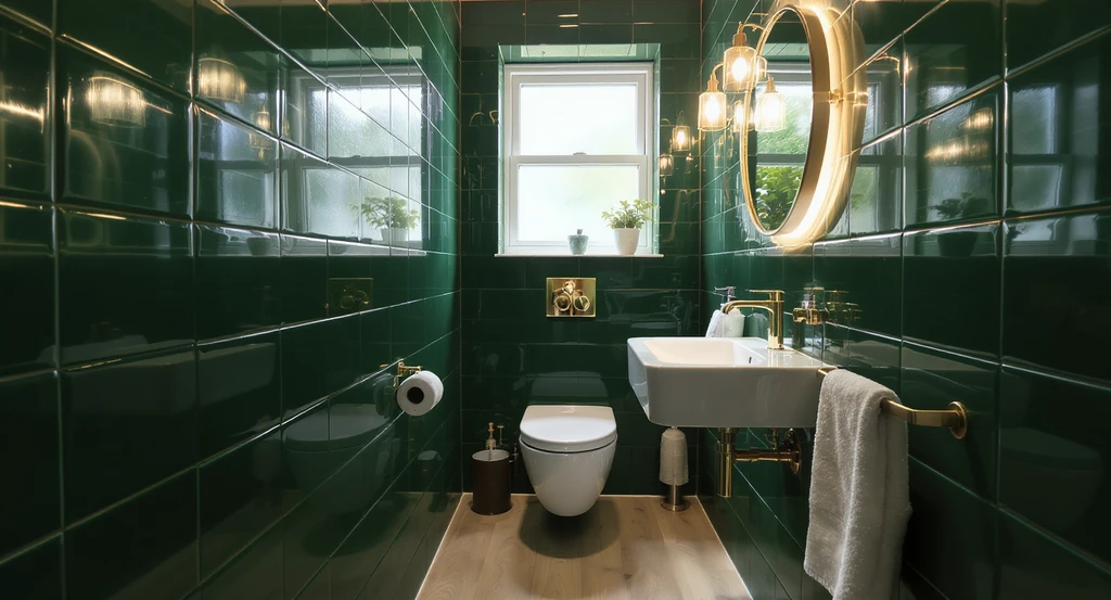 Small bathroom redesign with green tiles showing a moody but airy space. Is dark green tile too much in a small bathroom? This scene highlights the best lighting ideas for moody bathrooms, with a boxed-in toilet cistern and an affordable vanity unit for compact bathrooms.
