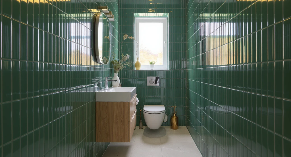 Small bathroom redesign with green tiles showing glossy forest green tiles, pale floor, affordable vanity units, and smart lighting for moody spaces.