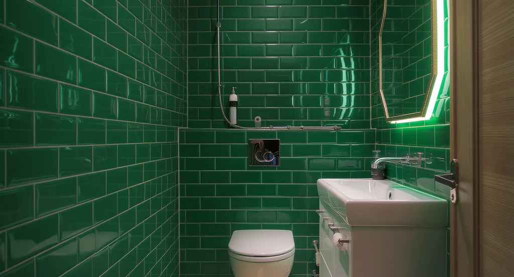 Small bathroom redesign with forest green tiles, affordable vanity unit, boxed-in toilet cistern, natural lighting ideas for moody compact bathrooms.
