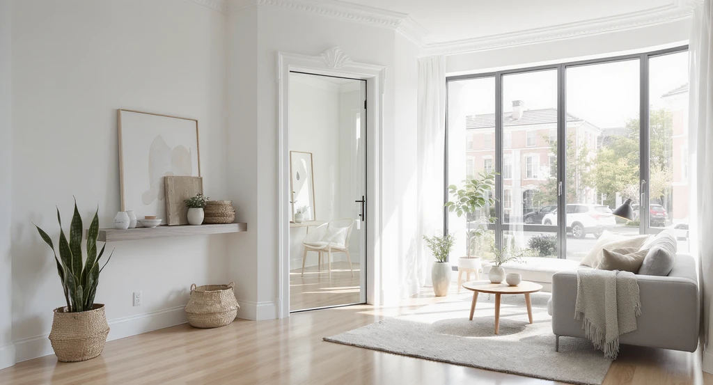 Ultra-realistic modern living room with a diagonal corner doorway, frameless glass door, decorative molding, and stylish corner entryway storage. Shows practical corner doorway ideas for small spaces.