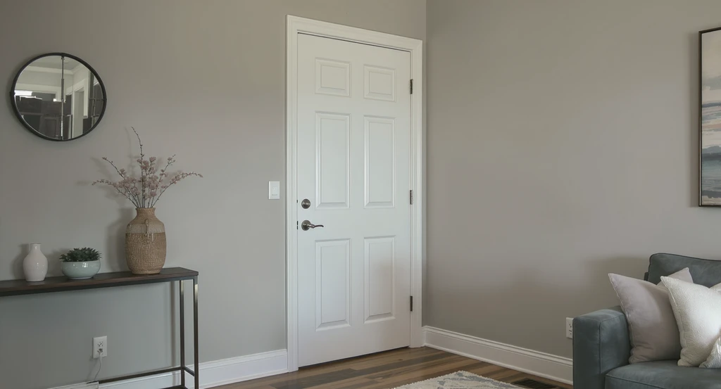 Photorealistic small room with diagonal corner doorway, showcasing best types of diagonal corner doors and decorative molding, highlighting lost wall space and corner doorway storage solutions for entryways.
