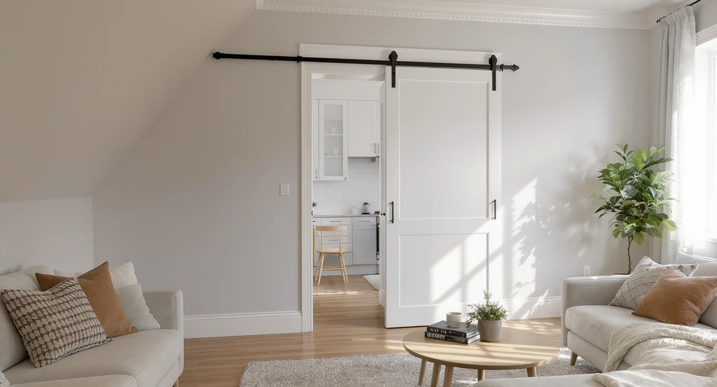 Photorealistic small living room with a diagonal corner doorway, sliding barn door, built-in entryway storage, and decorative molding for on-trend corner doorway ideas in small spaces.